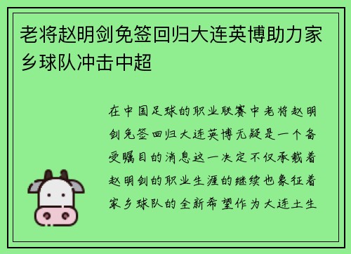 老将赵明剑免签回归大连英博助力家乡球队冲击中超 老将赵明剑免签回归大连英博助力家乡球队冲击中超