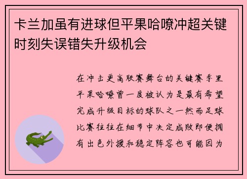 卡兰加虽有进球但平果哈嘹冲超关键时刻失误错失升级机会